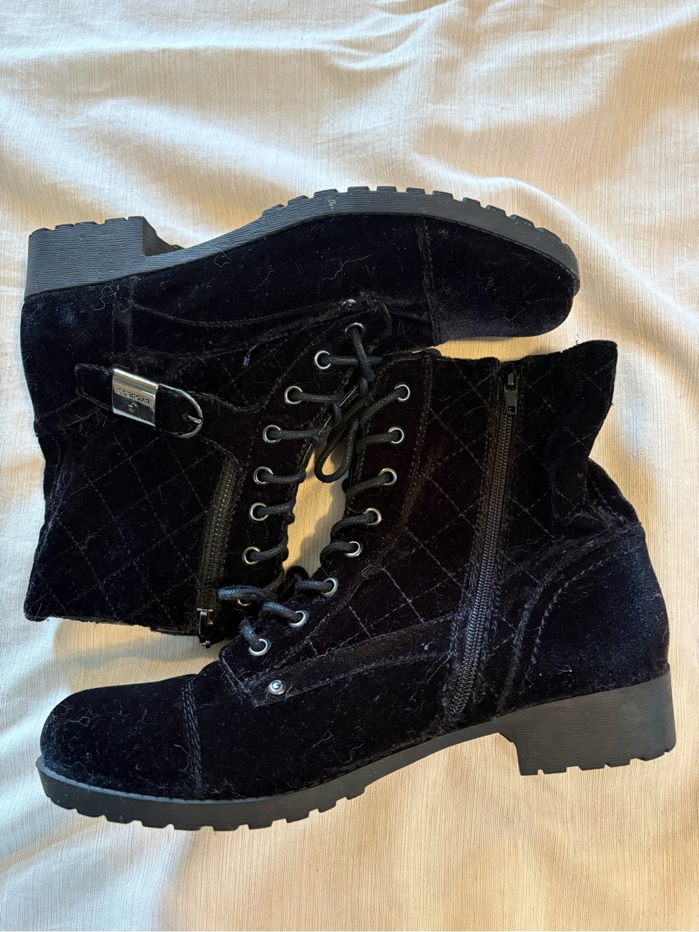 Guess Black Quilted Velvet Lace-Up Ankle Boots